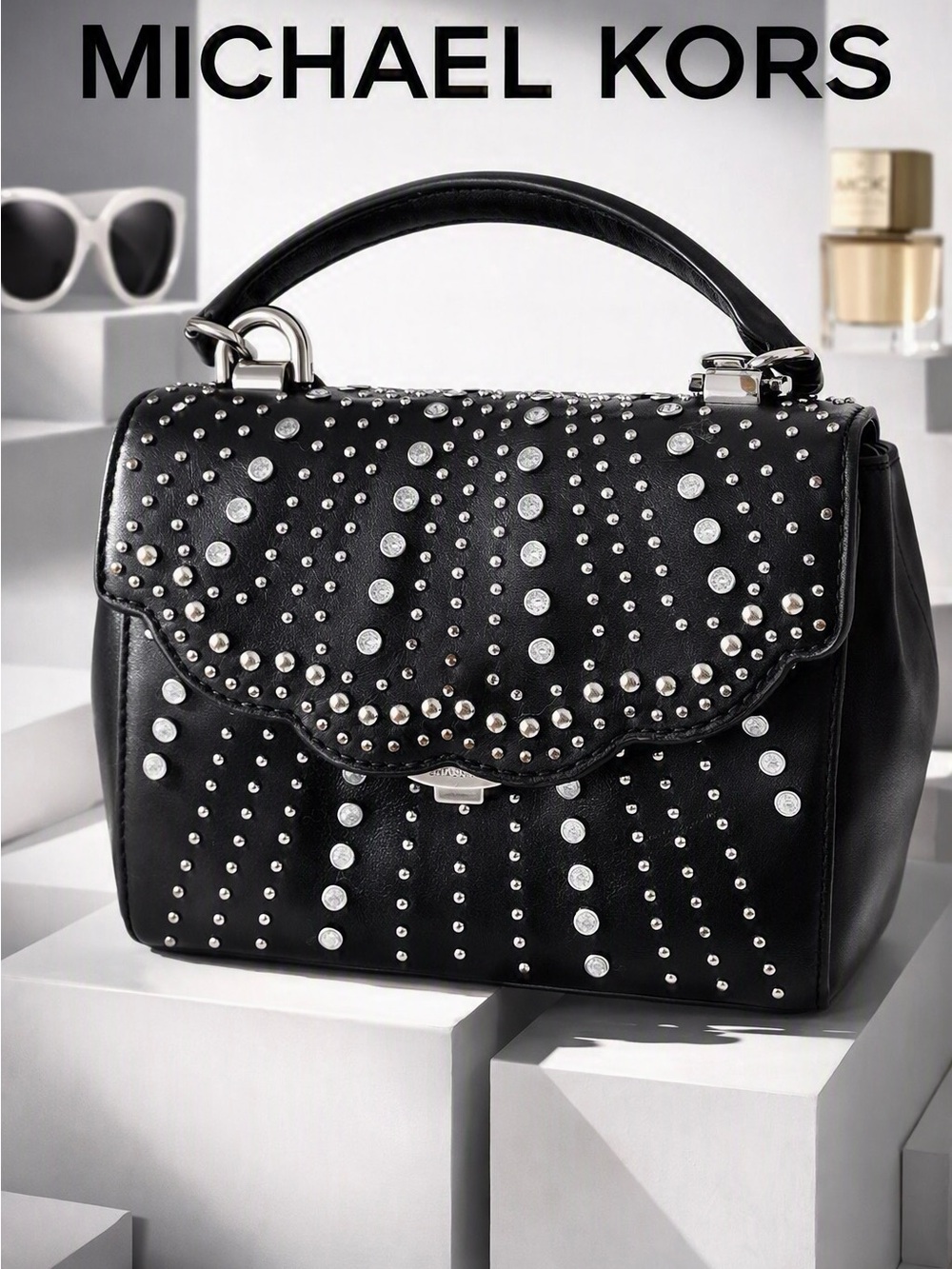 Michael Kors Ava Black Studded Top-Handle Small Satchel Crossbody Leather Bag